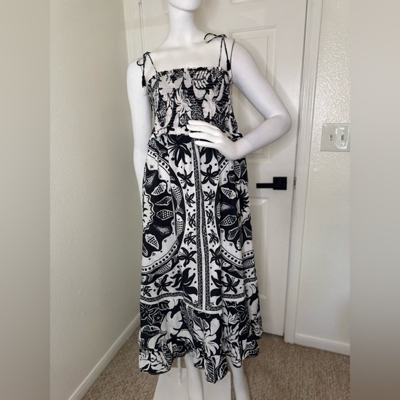 FARM RIO Black/White POPLIN BEADED TROPICAL CELESTIAL SUNS MIDI DRESS M - Picture 3 of 12